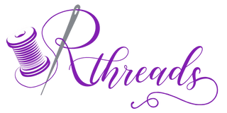 Purple stylized logo with a spool of thread and needle forming the letter R in cursive script spelling "Rthreads